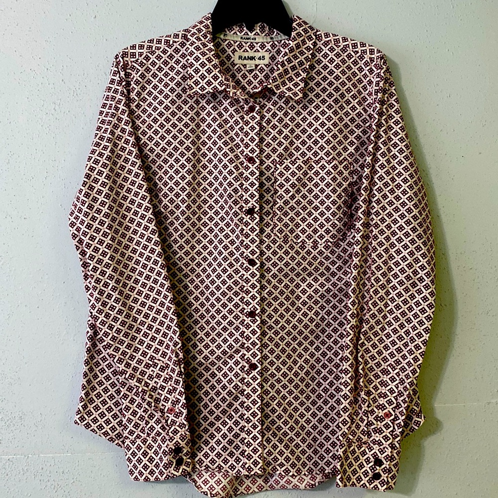 Women’s Large Rank 45 Maroon Pink White Button Down Shirt Long sleeve
